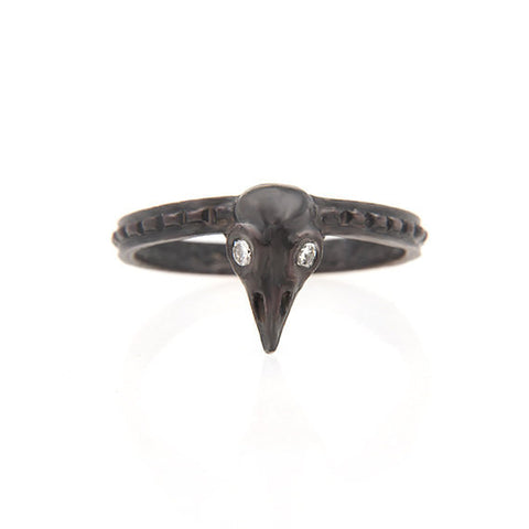 Precious Blackened Bird Skull Ring with Diamond Eyes