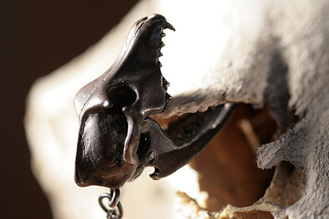 Black Wolf Skull with moving jaw in Sterling Silver