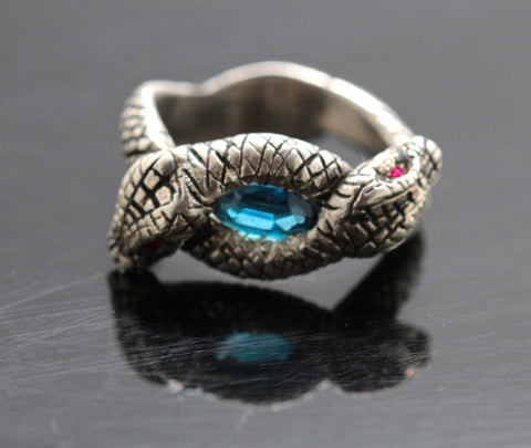 Victorian Swiss Blue Topaz and Rubies Double Snake Ring in sterling silver